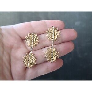 Filigree Gold Tone And Clear Rhinestone Dangling Pierced Earrings Vintage, READ
